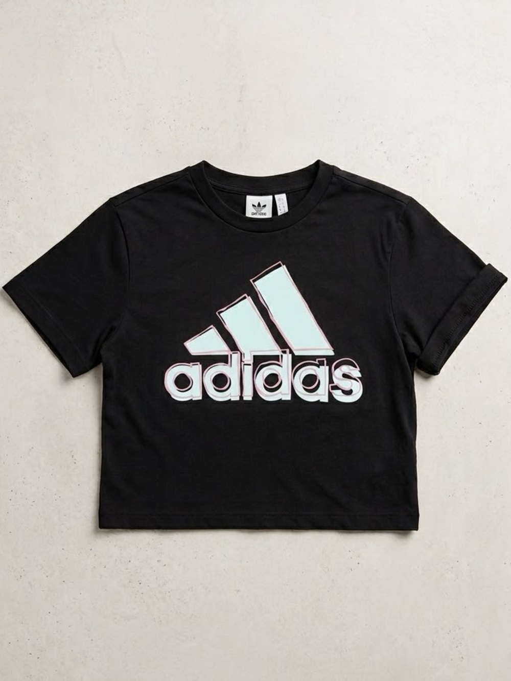 Adidas Black Cropped Graphic Tee Pastel Pink 3D Logo Boxy Short Sleeve Shirt XS